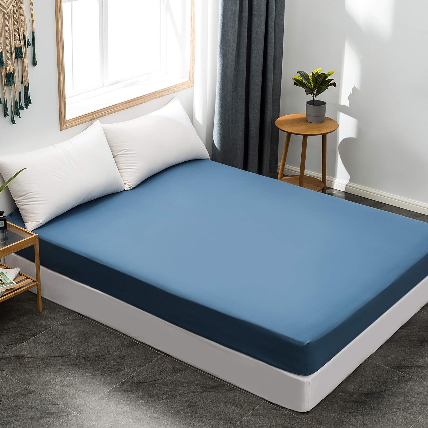 AYSW Spannbetttuch 160x200cm mit 30cm Ziernaht Blau Spannbetttuch 100 GSM aus hochwertiger Mikrofaser 100% Polyester weich, strapazierfähig, knitterfrei 3