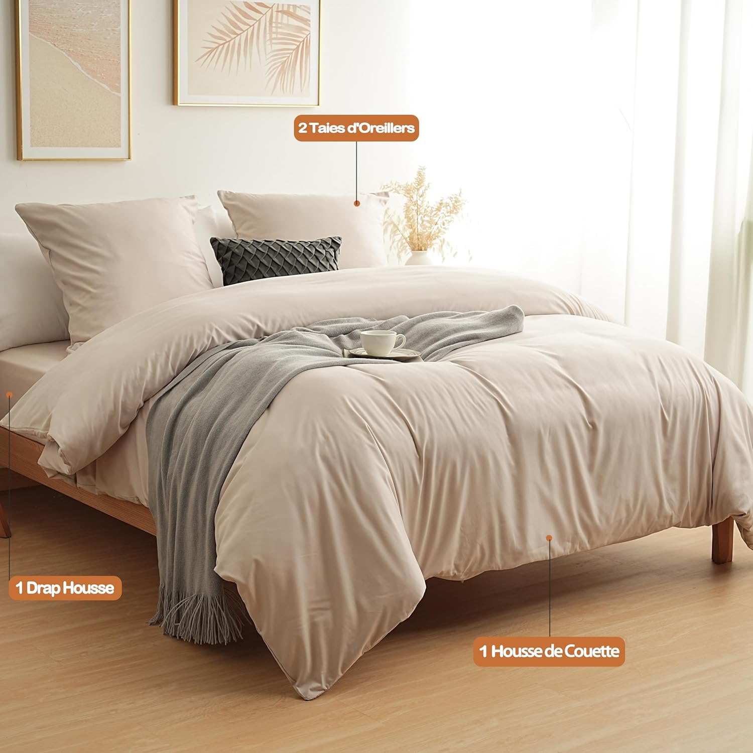 AYSW 4-Piece Bedding Set Duvet Cover 200x200cm + Fitted Sheet 160x200cm with 2 pillowcases 65x65cm Beige for 2 Persons 120 Threads/cm² in Microfiber 2