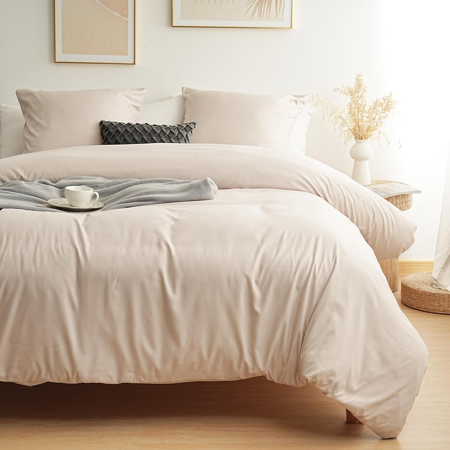 AYSW 4-Piece Bedding Set Duvet Cover 200x200cm + Fitted Sheet 160x200cm with 2 pillowcases 65x65cm Beige for 2 Persons 120 Threads/cm² in Microfiber 5