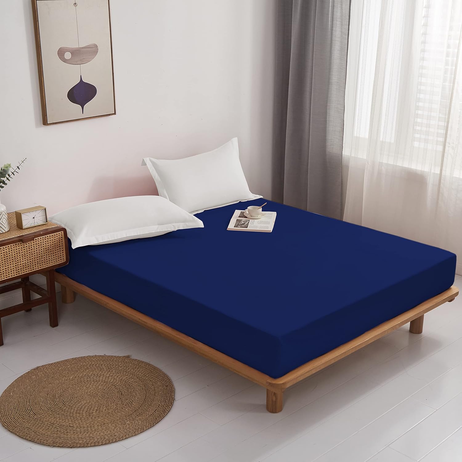 AYSW Fitted Sheet 160x200cm with 30cm Pocket Navy Blue Fitted Sheet 100 GSM in High Quality Microfiber 100% Polyester Soft, Resistant, Wrinkle-free 2