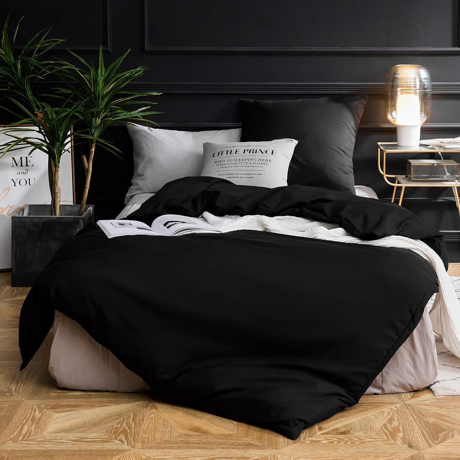 Bettwäsche gebürstet Microfaser 1 Bettbezug 200x220cm + 2 Kopfkissenbezug 80x80cm mit Reißverschluss Schwarz 3