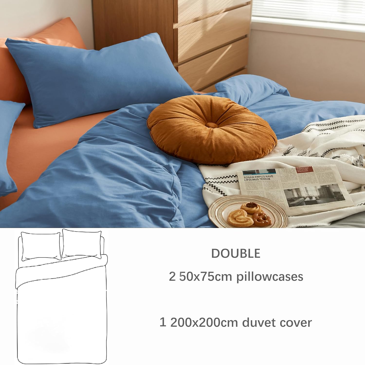 AYSW Warm Bedding Double Duvet Cover Set 3 PCS Plain Brushed Microfiber Bedding 1 Duvet Cover with 2 Zippers and 2 Pillowcases Denim Blue 5