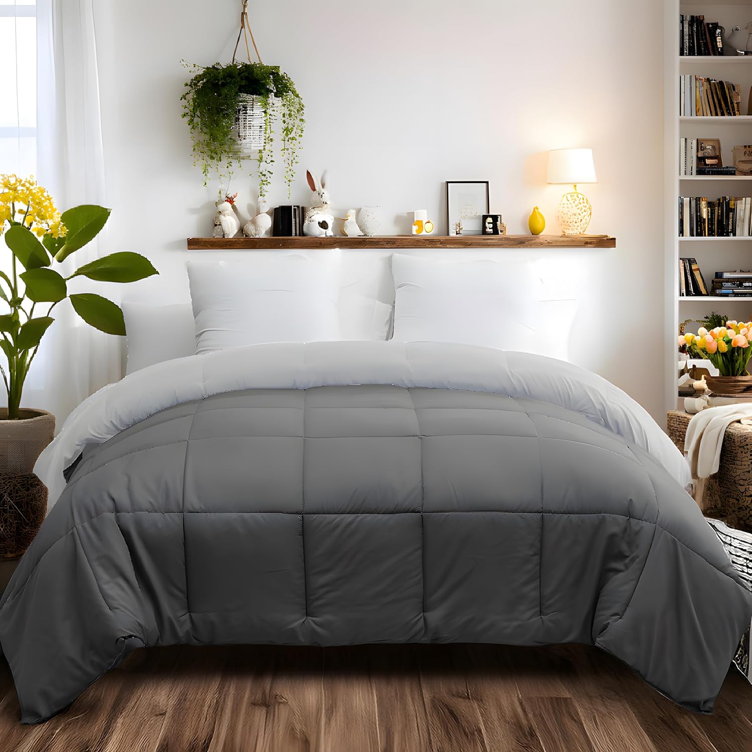 Double Coverless Duvet and Anti Allergy 4.5 Tog All Season Lightweight 150GSM Quilt NO Pillowcases Only Duvet Dark Grey and Light Grey 2