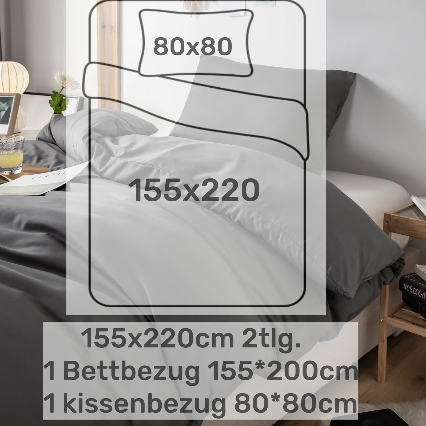 Bettwäsche gebürstet Microfaser 1 Bettbezug 155 X 200cm + 1 Kopfkissenbezug 80x80cm mit Reißverschluss Hell Grau 6