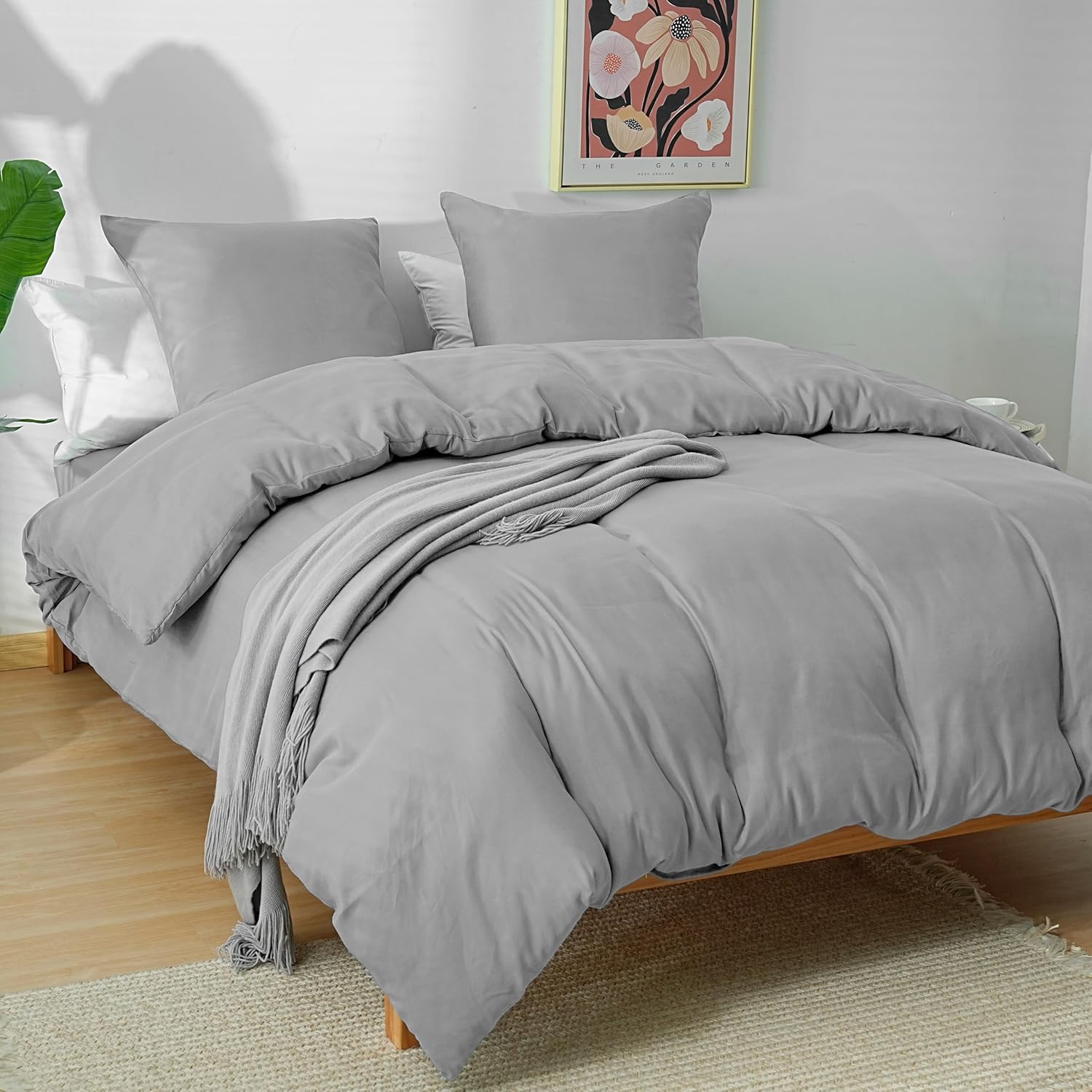 AYSW Parure de Lit 4 Pièces Housse de Couette 200x200cm + Drap Housse 160x200cm Bonnet 30cm + 2 Taies d'oreiller 65x65cm 2 Personnes Ensemble Housse de Couette Gris Clair Léger 80 Fils/cm² Microfibre 2