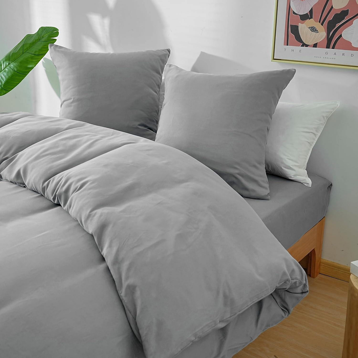 AYSW Parure de Lit 4 Pièces Housse de Couette 200x200cm + Drap Housse 160x200cm Bonnet 30cm + 2 Taies d'oreiller 65x65cm 2 Personnes Ensemble Housse de Couette Gris Clair Léger 80 Fils/cm² Microfibre 5
