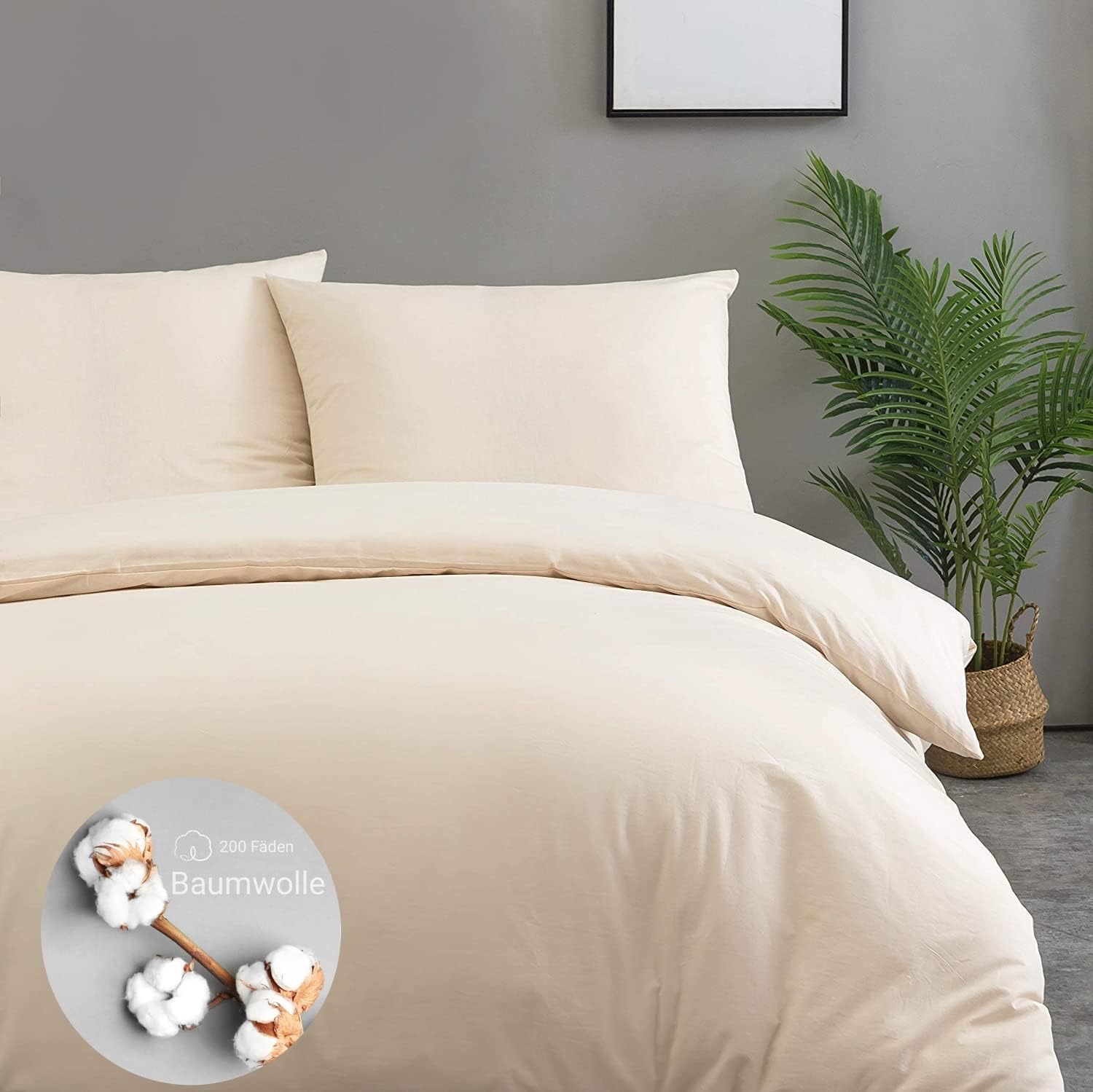 100% Baumwolle Bedding with Zippers 200x200 cm 3-piece Set 1 duvet cover with 2 pillowcases 80x80 cm Beige 2