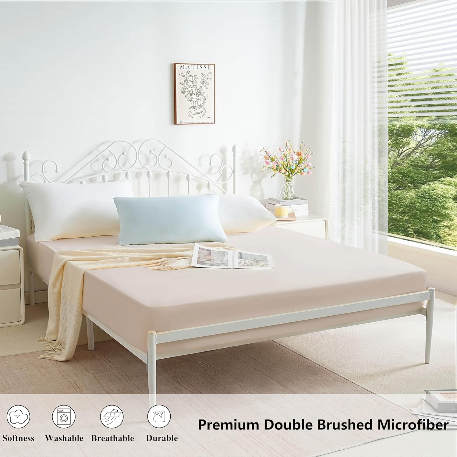 AYSW Fitted Sheet Only Queen Size Deep Pocket Soft Bed Bottom Sheet 1 Piece 1800 Brushed Microfiber Fits 8" to 16" Wrinkle Fade Resistant Easy Care Stable Beige Holiday Décor 3