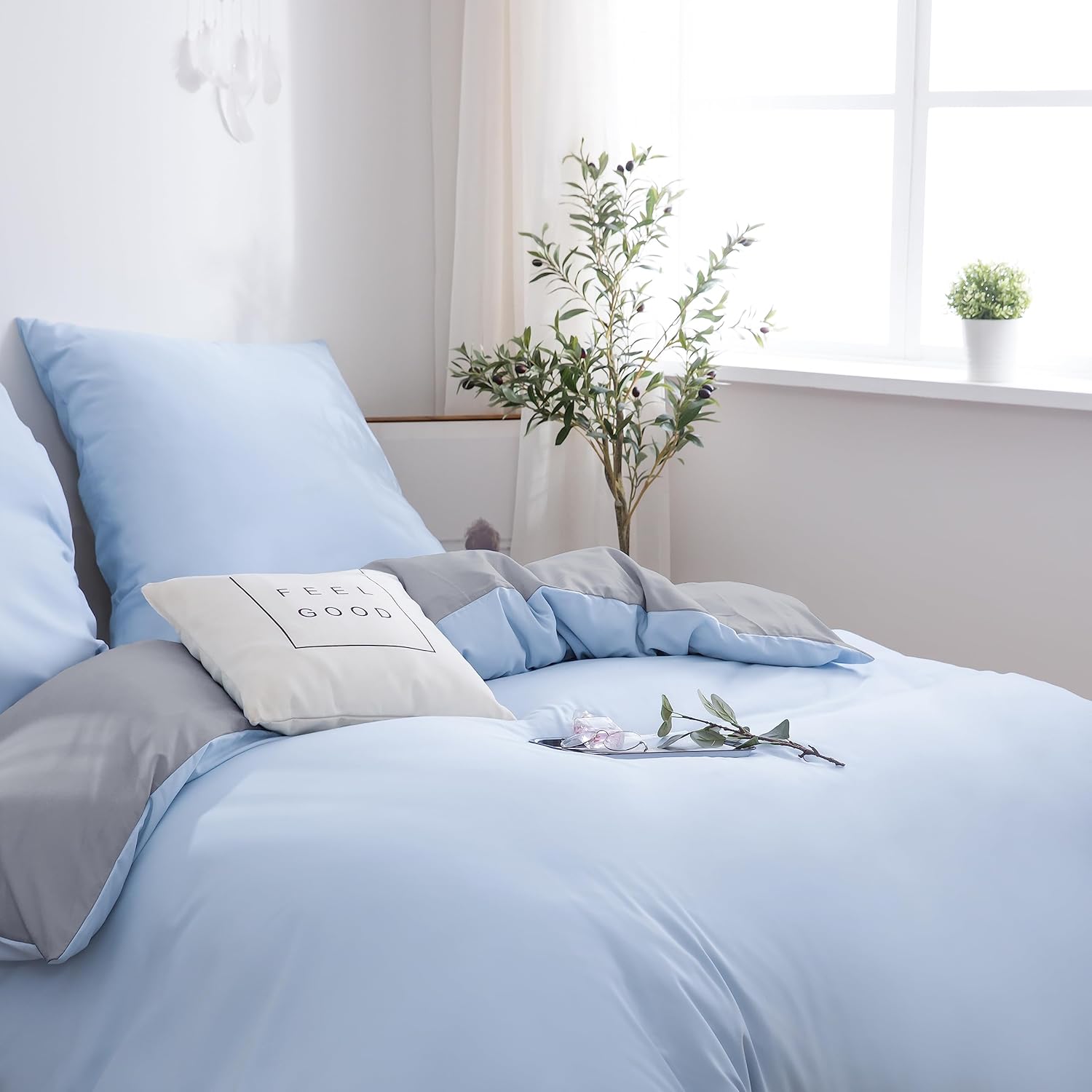 Bed linen brushed Microfiber 1 duvet cover 200 X 200cm + 2 pillowcase 80x80cm with zipper Light Grey/Spa Blue 2