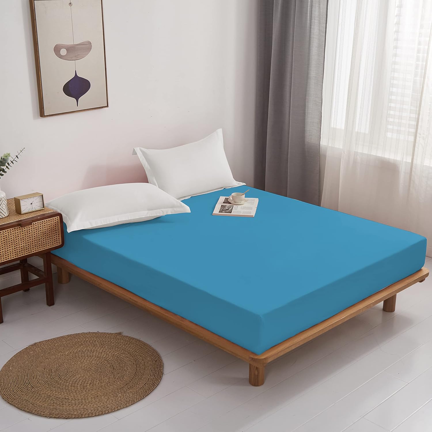 AYSW Fitted Sheet 160x200cm with 30cm Pocket Blue Lace Fitted Sheet 100 GSM in High Quality Microfiber 100% Polyester Soft, Resistant, Wrinkle-Resistant 2