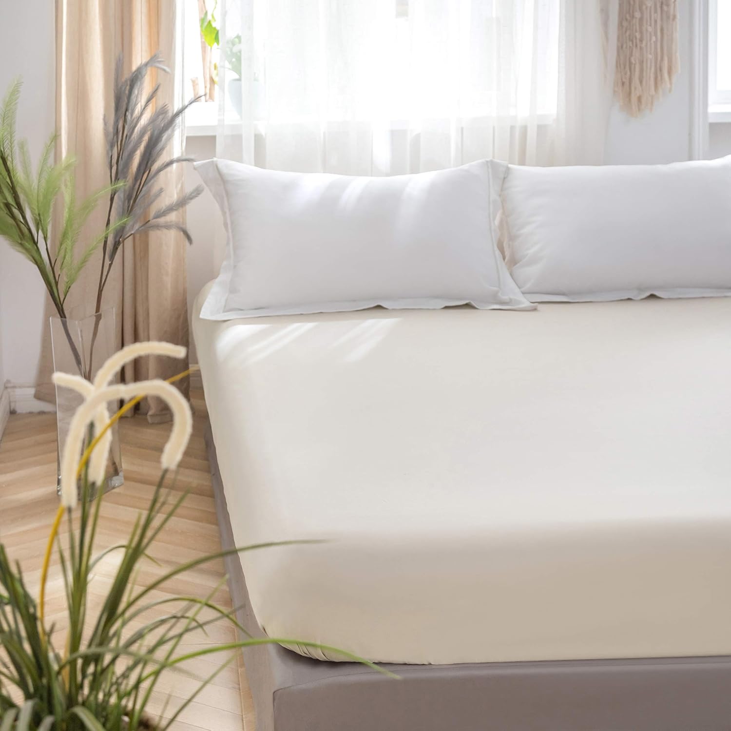 AYSW Fitted Sheet 140x190-200cm with 30cm Pocket Beige Fitted Sheet 100 GSM in High Quality Microfiber 100% Polyester Soft, Resistant, Wrinkle-free 3