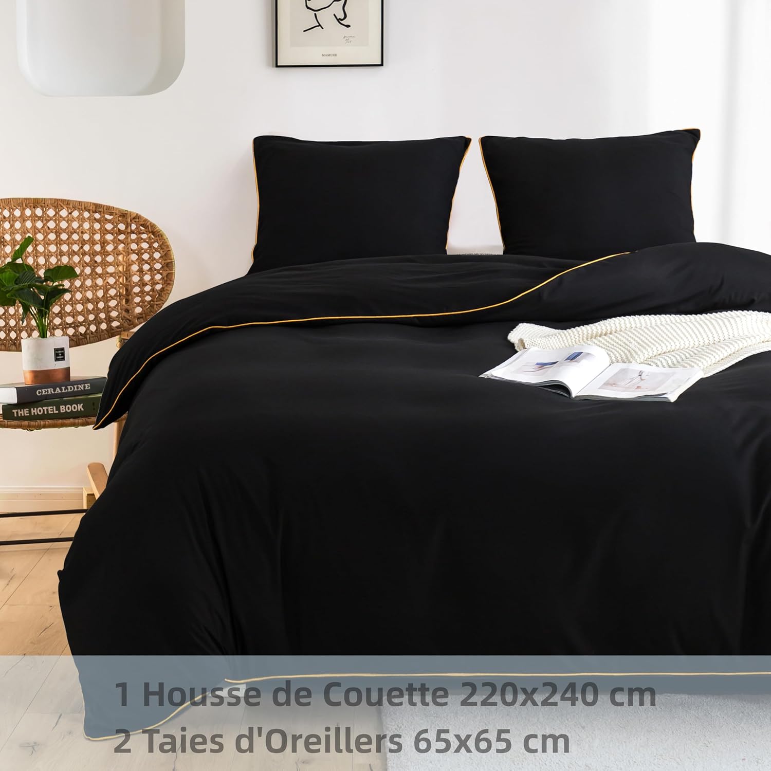AYSW Duvet Cover 220x240cm + Pillowcases 65x65x2 cm Black 120 Threads/cm² Bedding Set with Zipper for 2 Persons 9