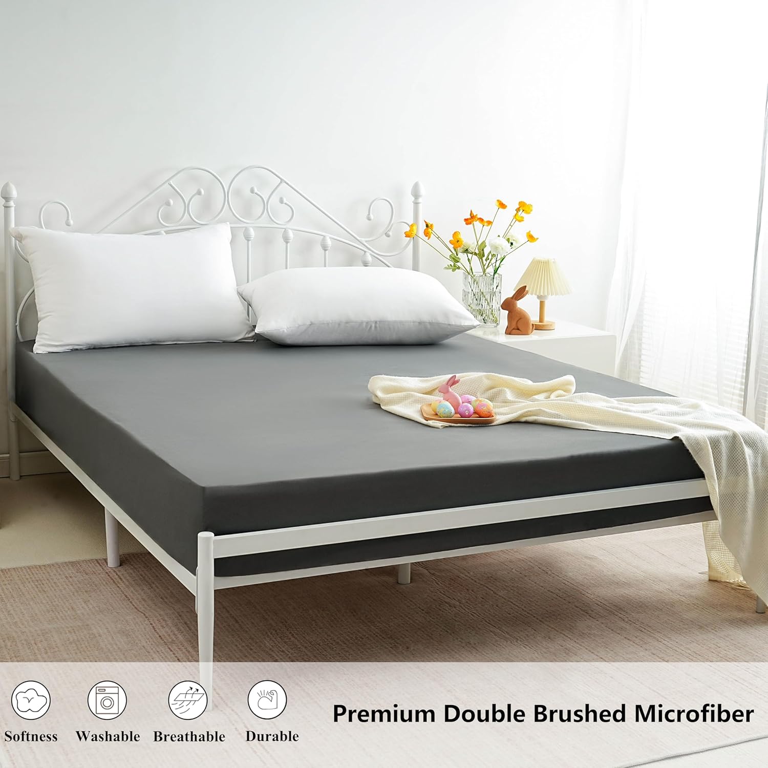 AYSW Fitted Sheet Only Queen Size Deep Pocket 16 inches Premium Soft and Cozy Bed Bottom Sheet 1800 Brushed Microfiber Wrinkle Fade Resistant Easy Care Stable Grey 3