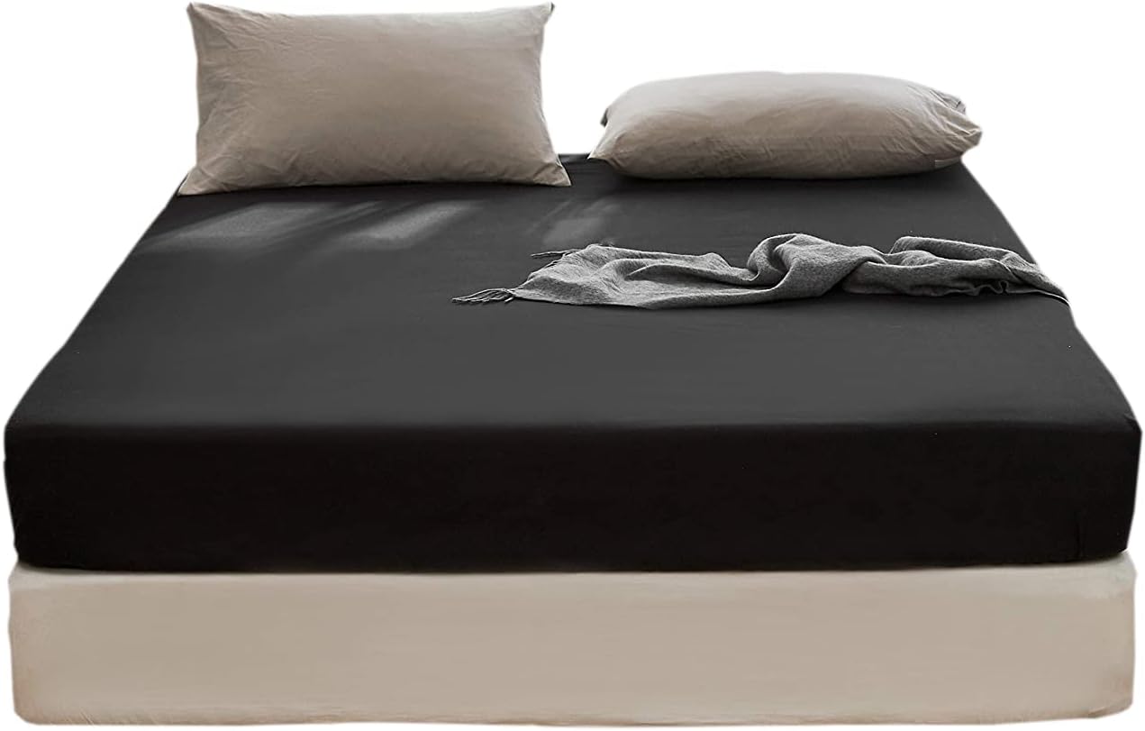 AYSW Fitted Sheet 160x200cm with 30cm Pocket Black Fitted Sheet 100 GSM in High Quality Microfiber 100% Polyester Soft, Resistant, Wrinkle-Resistant 4