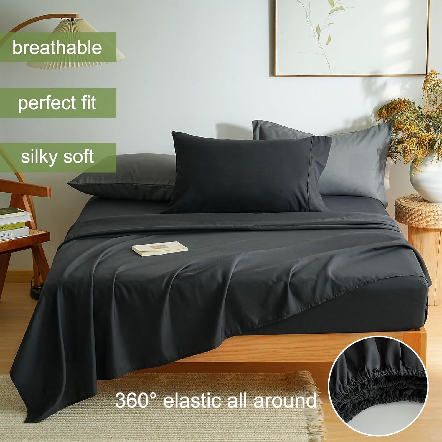 AYSW Bed Sheet Set 3 Pieces Double Brushed Microfiber 1800 - Breathable All Season Luxury Soft Bedding - Twin Black 2