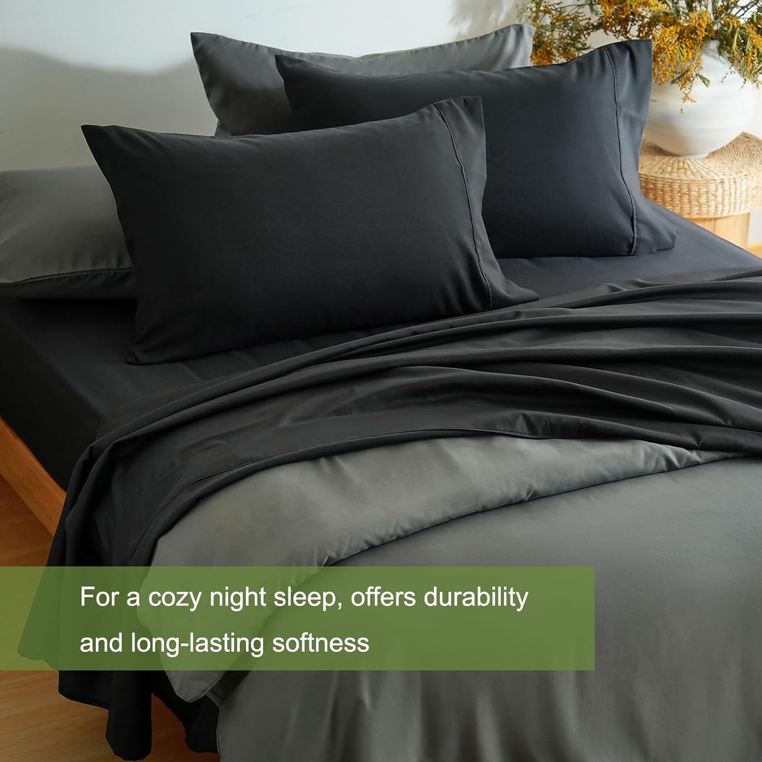 AYSW Bed Sheet Set 3 Pieces Double Brushed Microfiber 1800 - Breathable All Season Luxury Soft Bedding - Twin Black 4