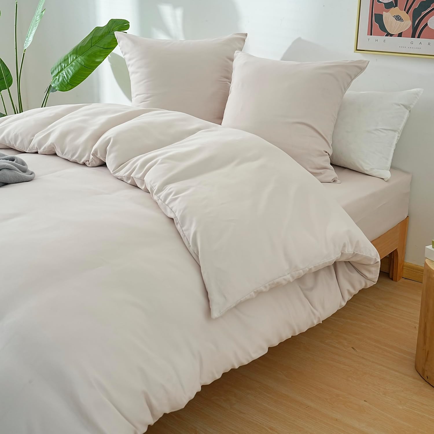 AYSW 4-Piece Bedding Set Duvet Cover 200x200cm + Fitted Sheet 160x200cm 30cm Pocket + 2 Pillowcases 65x65cm 2 Person Duvet Cover Set Beige Light 80 Threads/cm² Microfiber 3