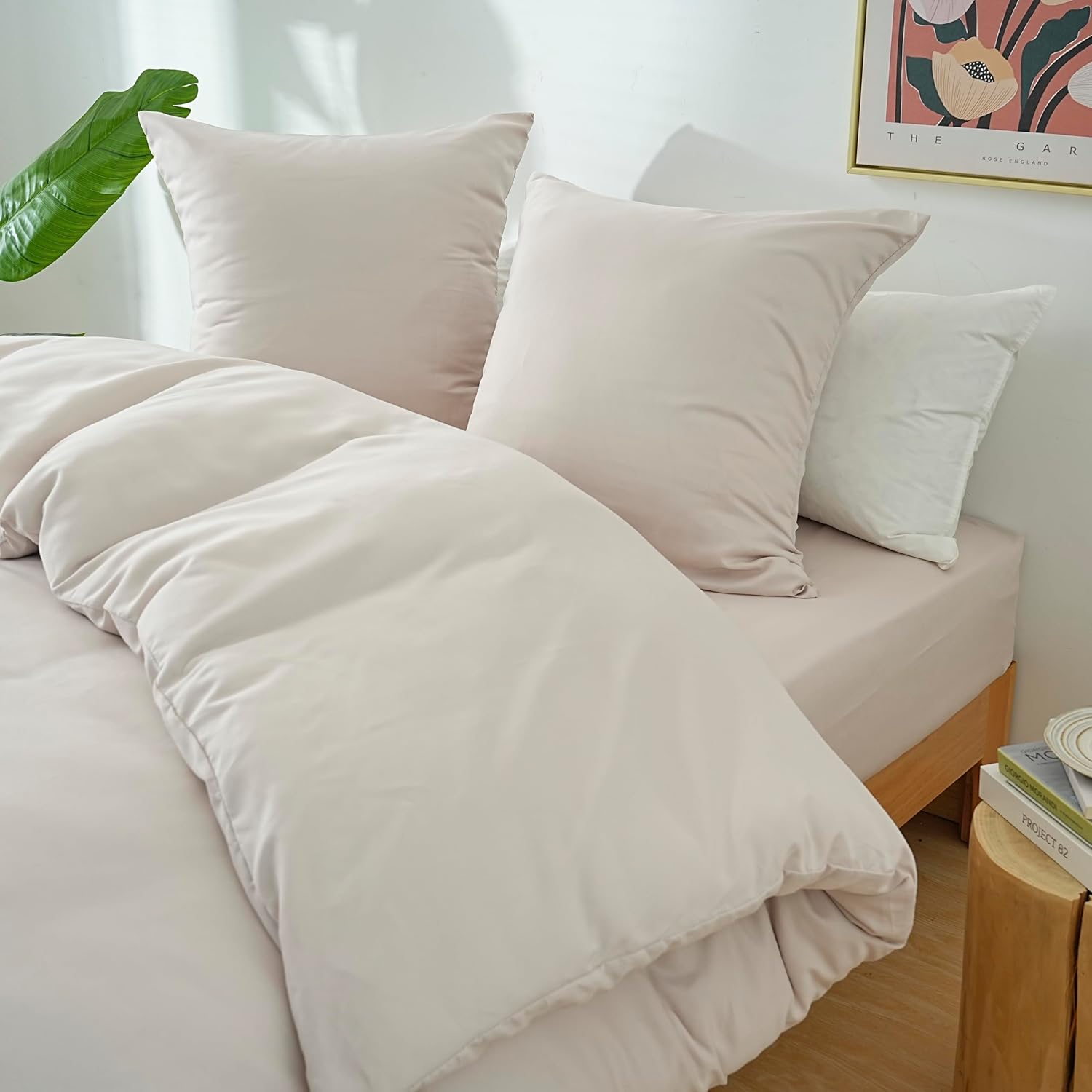 AYSW 4-Piece Bedding Set Duvet Cover 200x200cm + Fitted Sheet 160x200cm 30cm Pocket + 2 Pillowcases 65x65cm 2 Person Duvet Cover Set Beige Light 80 Threads/cm² Microfiber 5