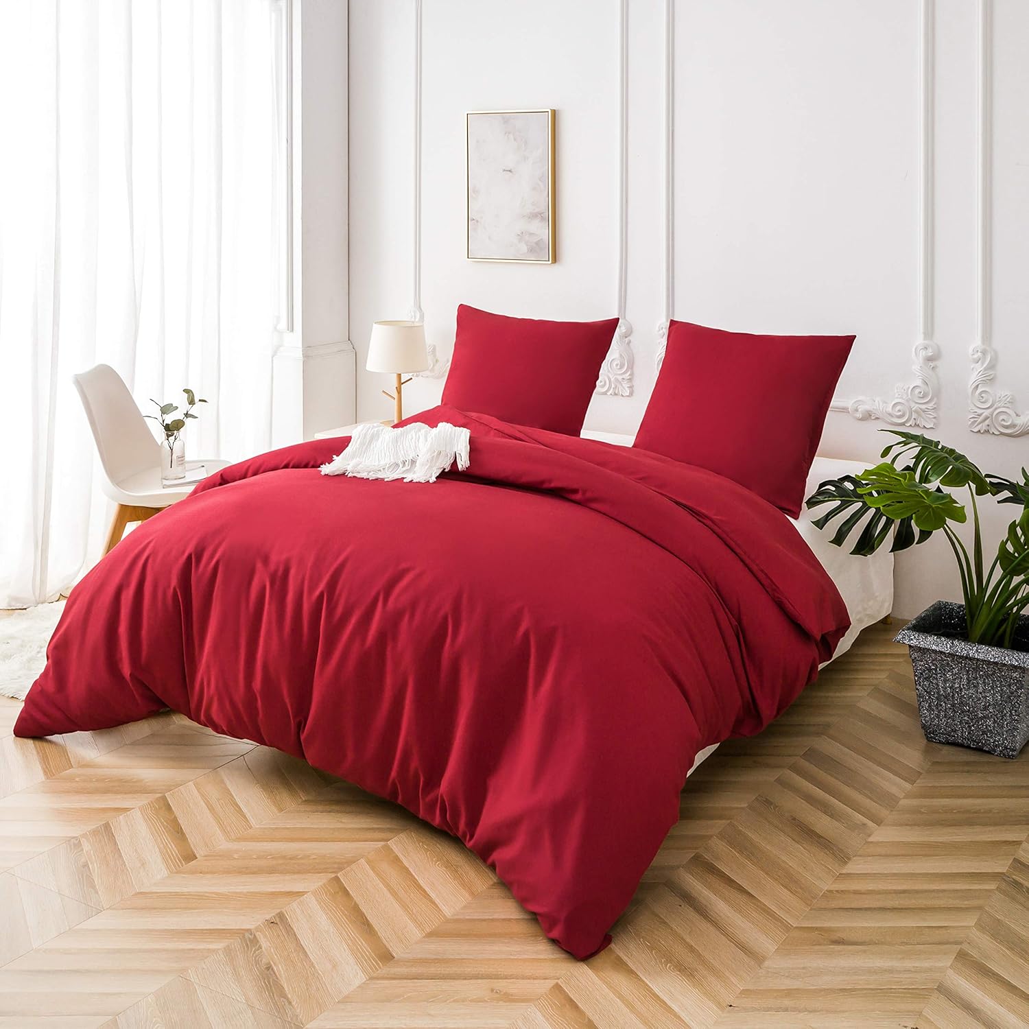 Bettwäsche gebürstet Microfaser 1 Bettbezug 200x200cm + 2 Kopfkissenbezug 80x80cm mit Reißverschluss Rot 2