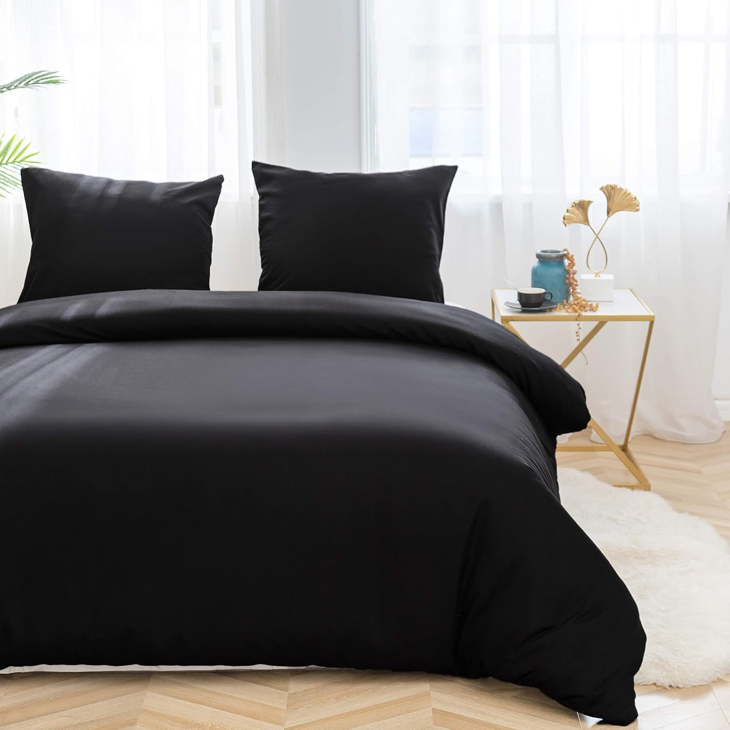 AYSW Bettbezug 200x200cm+2 Kissenbezüge 65x65cm Schwarz Bettwäscheset für Erwachsene 2 Personen 100 Fäden/cm² aus Mikrofaser mit Reißverschluss 2