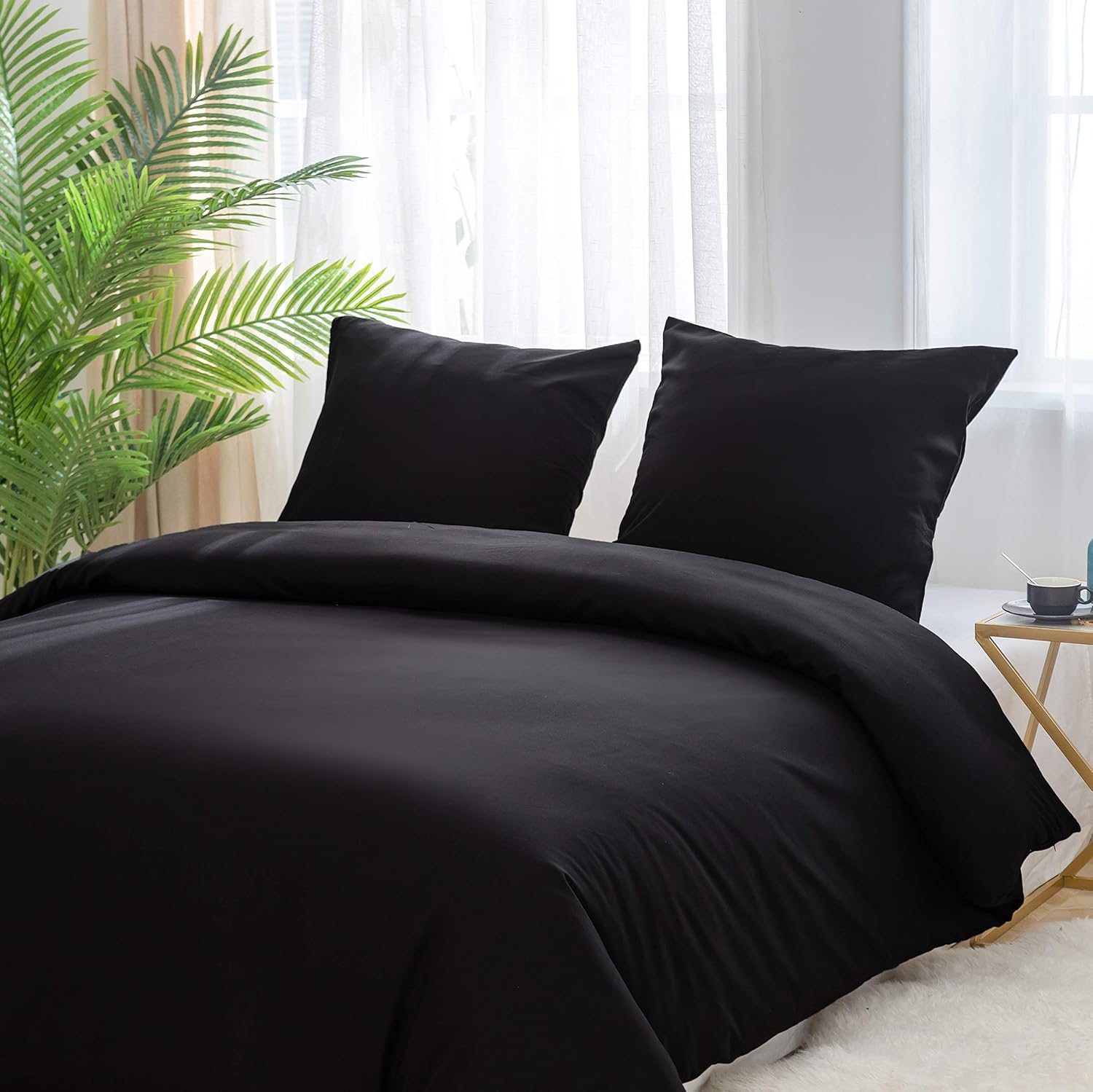 AYSW Bettbezug 200x200cm+2 Kissenbezüge 65x65cm Schwarz Bettwäscheset für Erwachsene 2 Personen 100 Fäden/cm² aus Mikrofaser mit Reißverschluss 3
