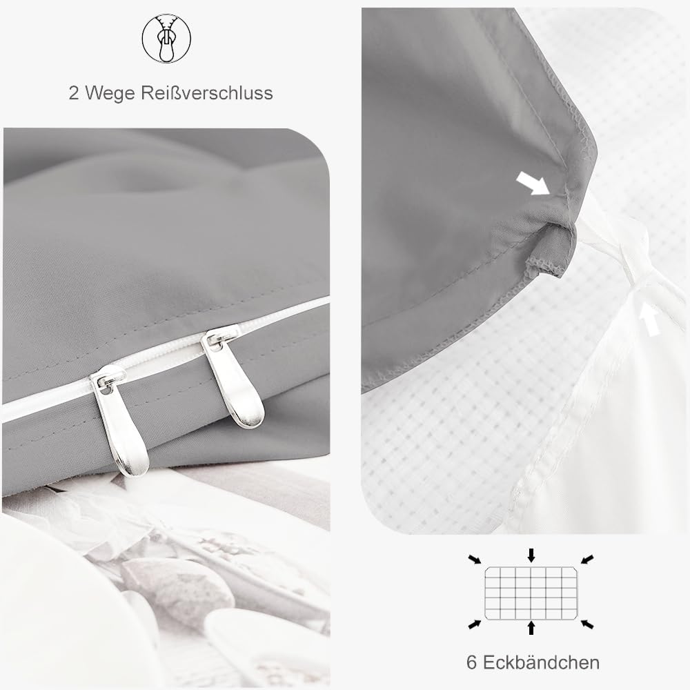 Parure de lit brossée Microfaser 1 housse de couette 200 X 220cm + 2 taies d'oreiller 80x80cm avec fermeture éclair Gris clair 2