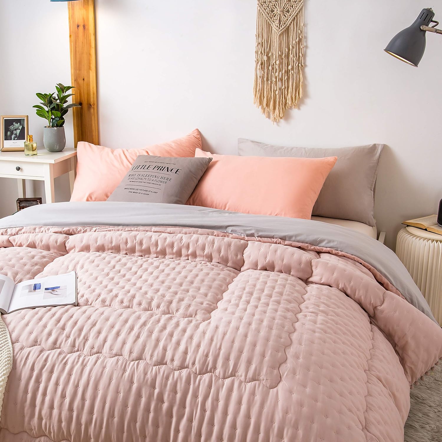 AYSW Duvet 220x240cm, Cover made of 50% cotton Soft-quilted duvet, Microfiber quilted duvet with filling weight approx. 2000g, All-season duvet, Pink/grey 7