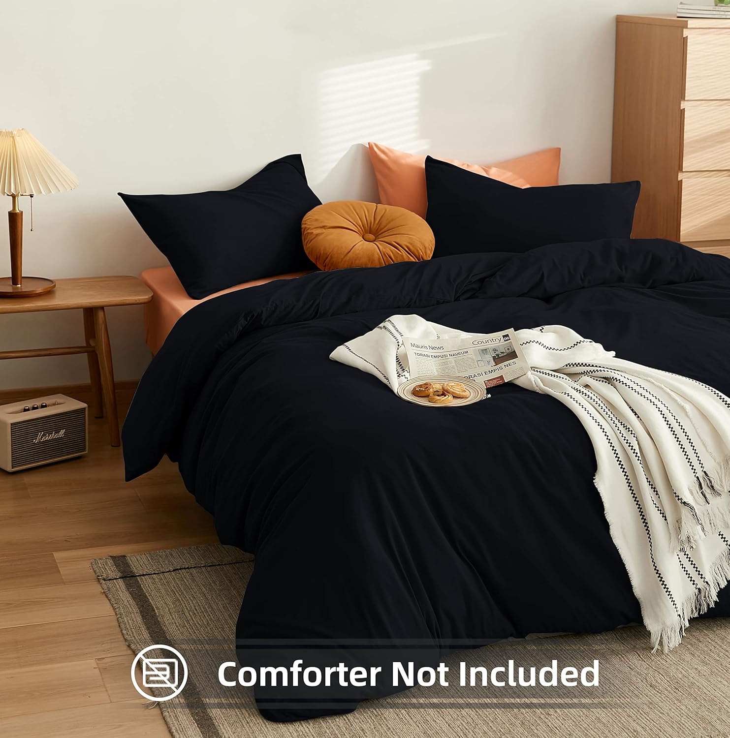 AYSW Warm Bedding Double Duvet Cover Set 3 PCS Plain Brushed Microfiber Bedding 1 Duvet Cover with 2 Zippers and 2 Pillowcases Black 3