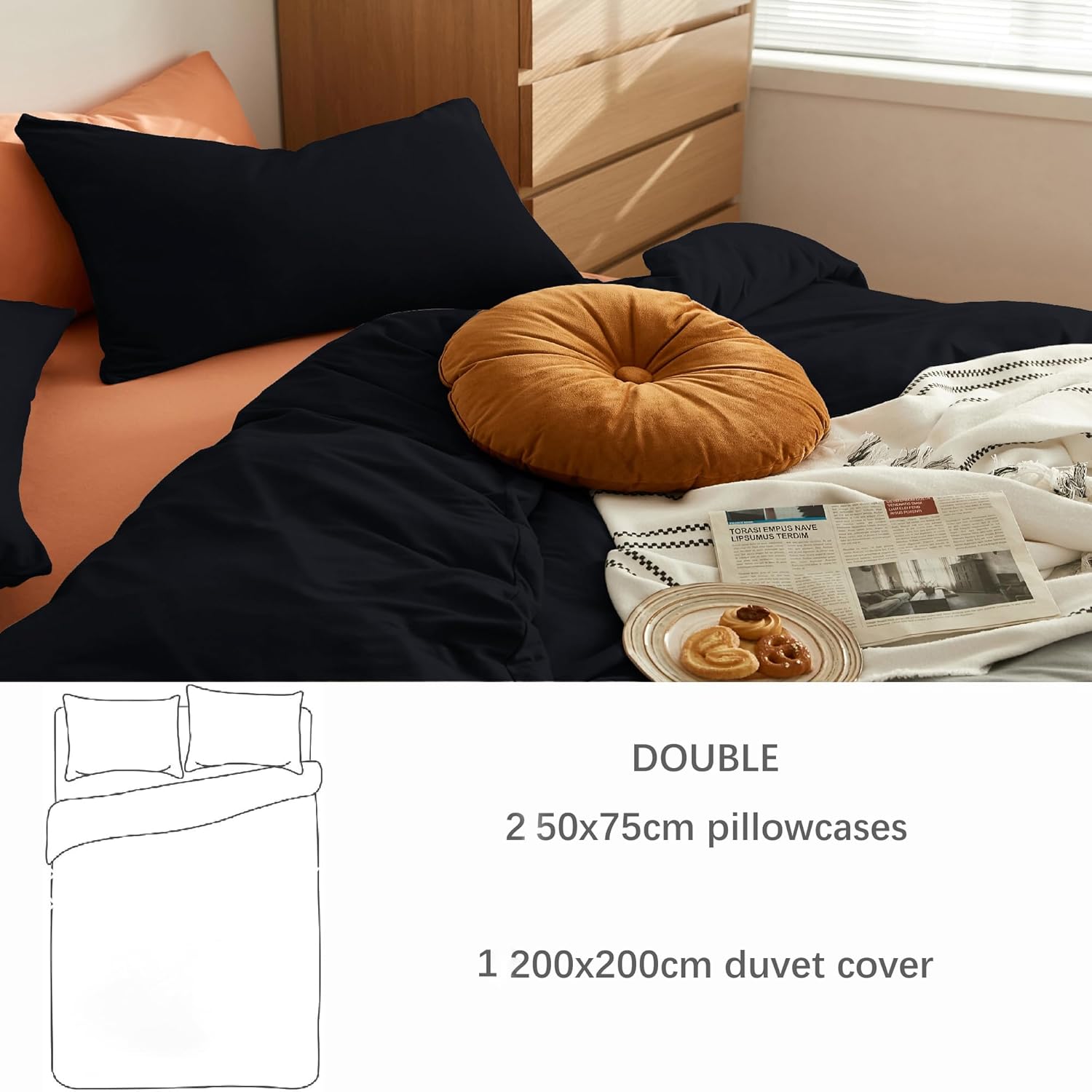 AYSW Warm Bedding Double Duvet Cover Set 3 PCS Plain Brushed Microfiber Bedding 1 Duvet Cover with 2 Zippers and 2 Pillowcases Black 8