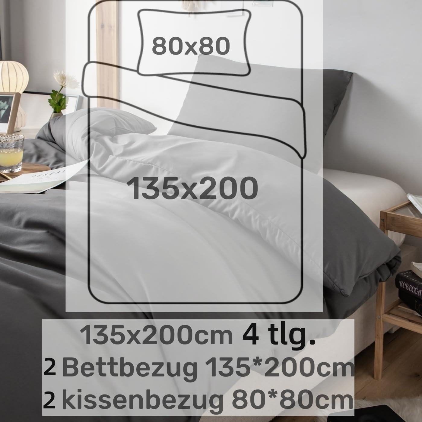 Bettwäsche 4teilig gebürstet Microfaser 2 Bettbezug 135x200cm + 2 Kopfkissenbezug 80x80cm mit Reißverschluss Grau 6