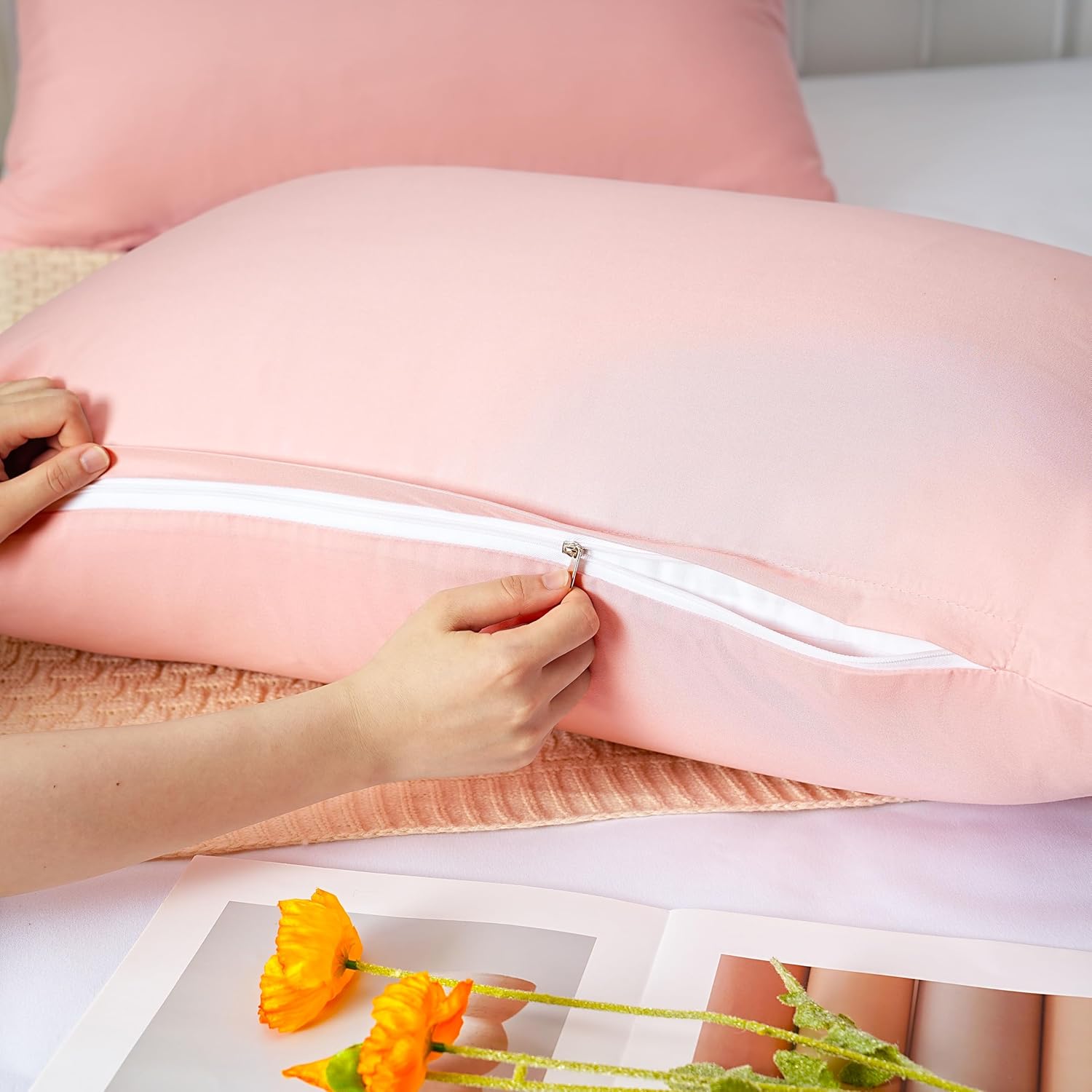 Warm 2 x Zippered Housewife Pillowcases Brushed Microfiber Bedroom (50X75) CM Pillowcase Covers Pink 4