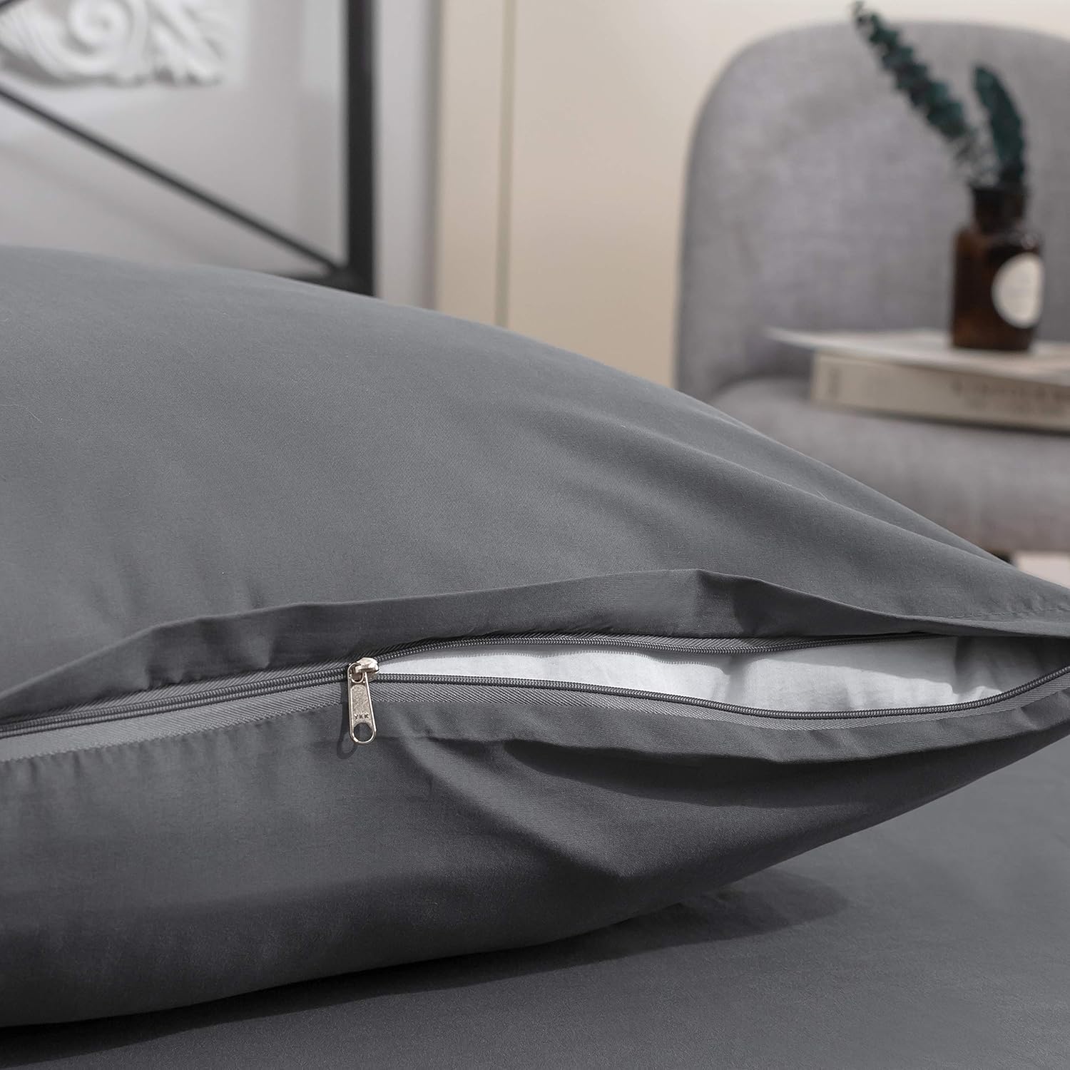 Duvet Cover 220x240cm + Pillowcases 65x65x2 cm Grey 120 Threads/cm² Bedding Set with Zipper for 2 Persons 6