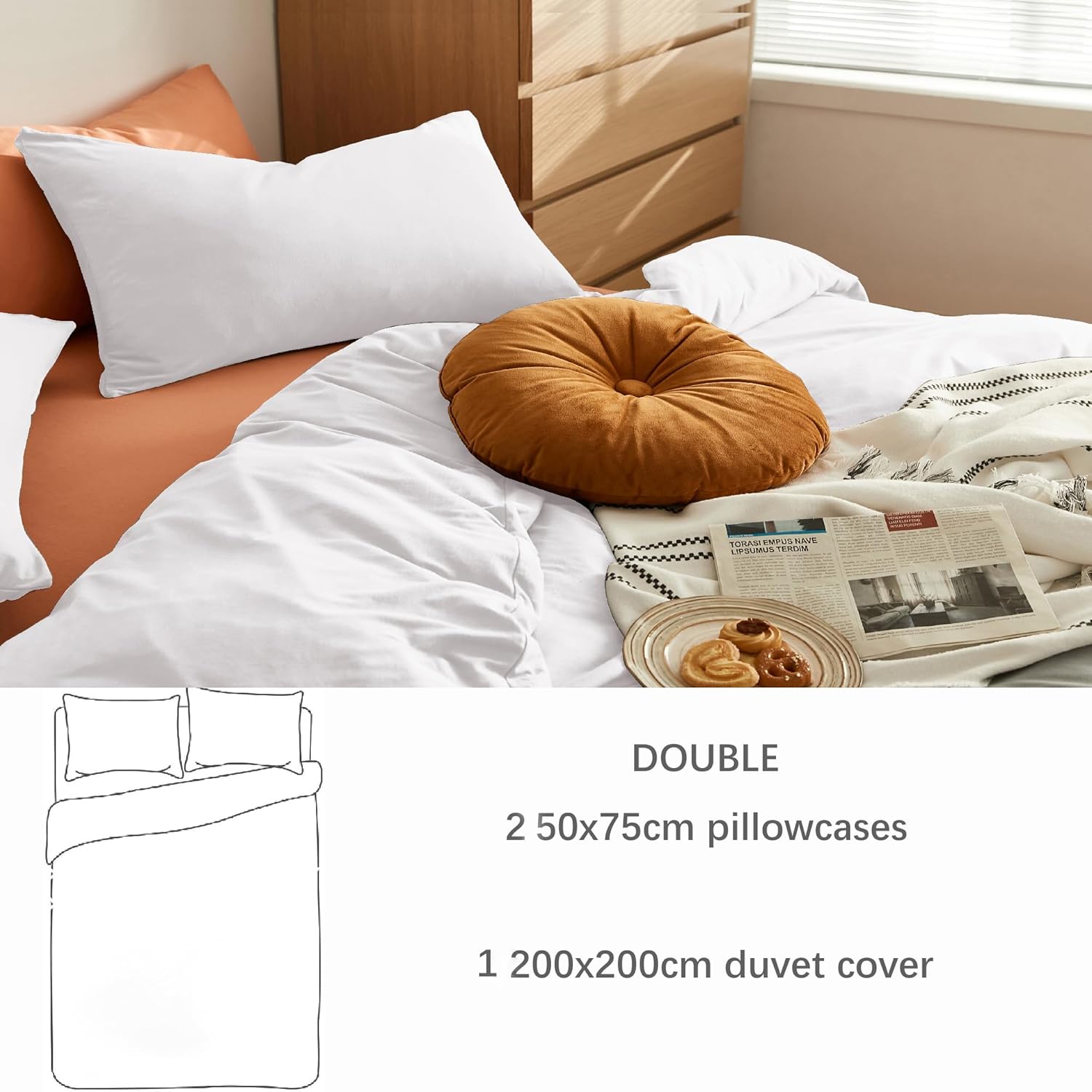 AYSW Bedding Double Duvet Cover Set Bedding 1 Duvet Cover with 2 Zippers and 2 Pillowcases Plain Brushed Microfiber White 6