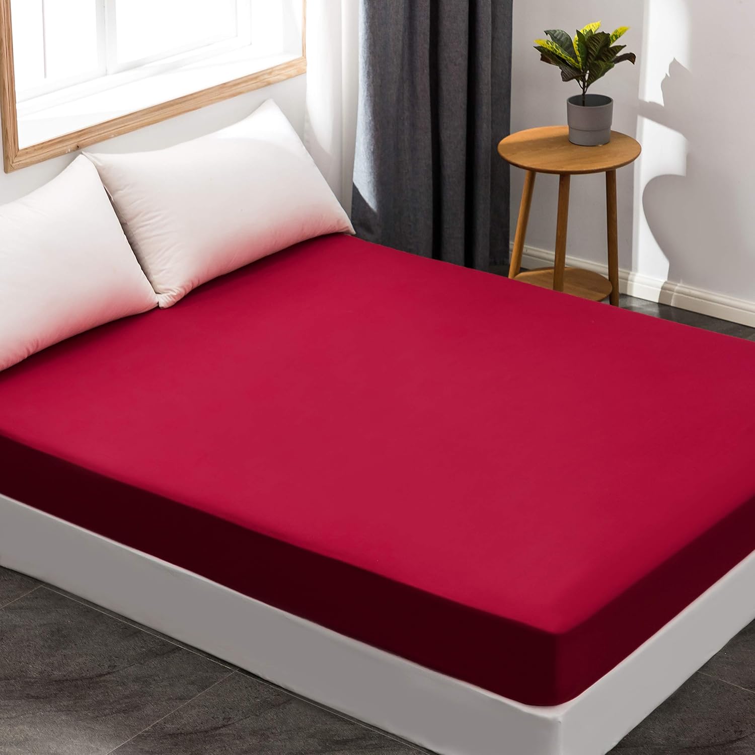 AYSW Fitted Sheet 180x200cm with 30cm Pocket Wine Red Fitted Sheet 100 GSM in High Quality Microfiber 100% Polyester Soft, Resistant, Wrinkle-free 3