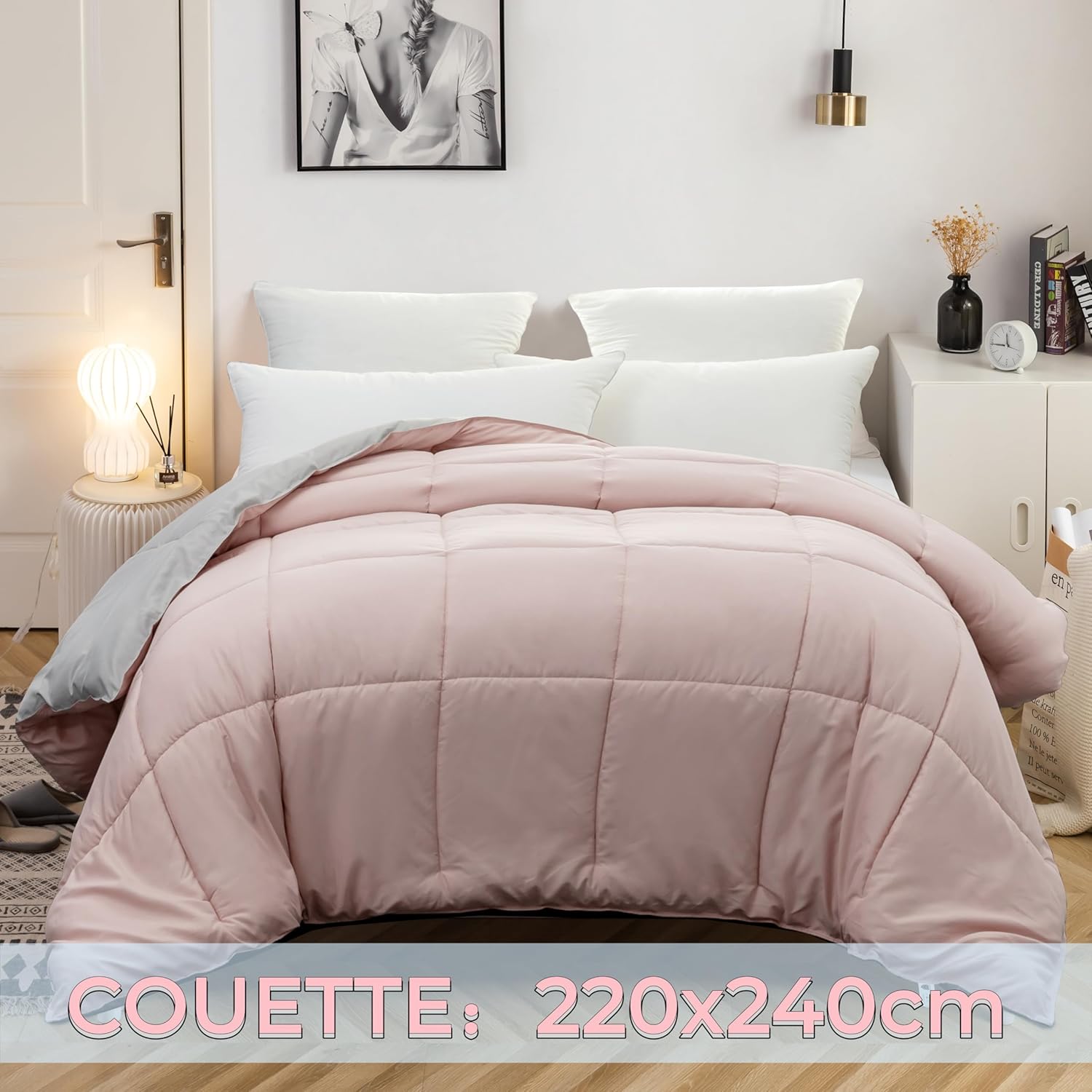 AYSW Bettdecke Zweifarbig Warm im Winter 450g/m² Dick 220x240cm Hypoallergen Rosa + Grau Reversible Bettdecke 2 Personen Bettdecke 3