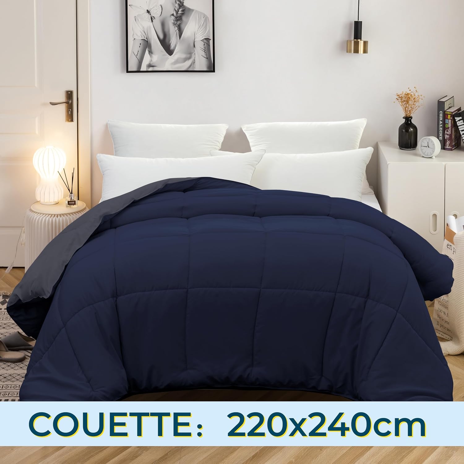 AYSW Two-Tone Duvet Warm in winter 450g/m² Thick 220x240cm Hypoallergenic Two-Tone Navy + Dark Grey Bed Duvet All Seasons Reversible 2 Person Comforter 3