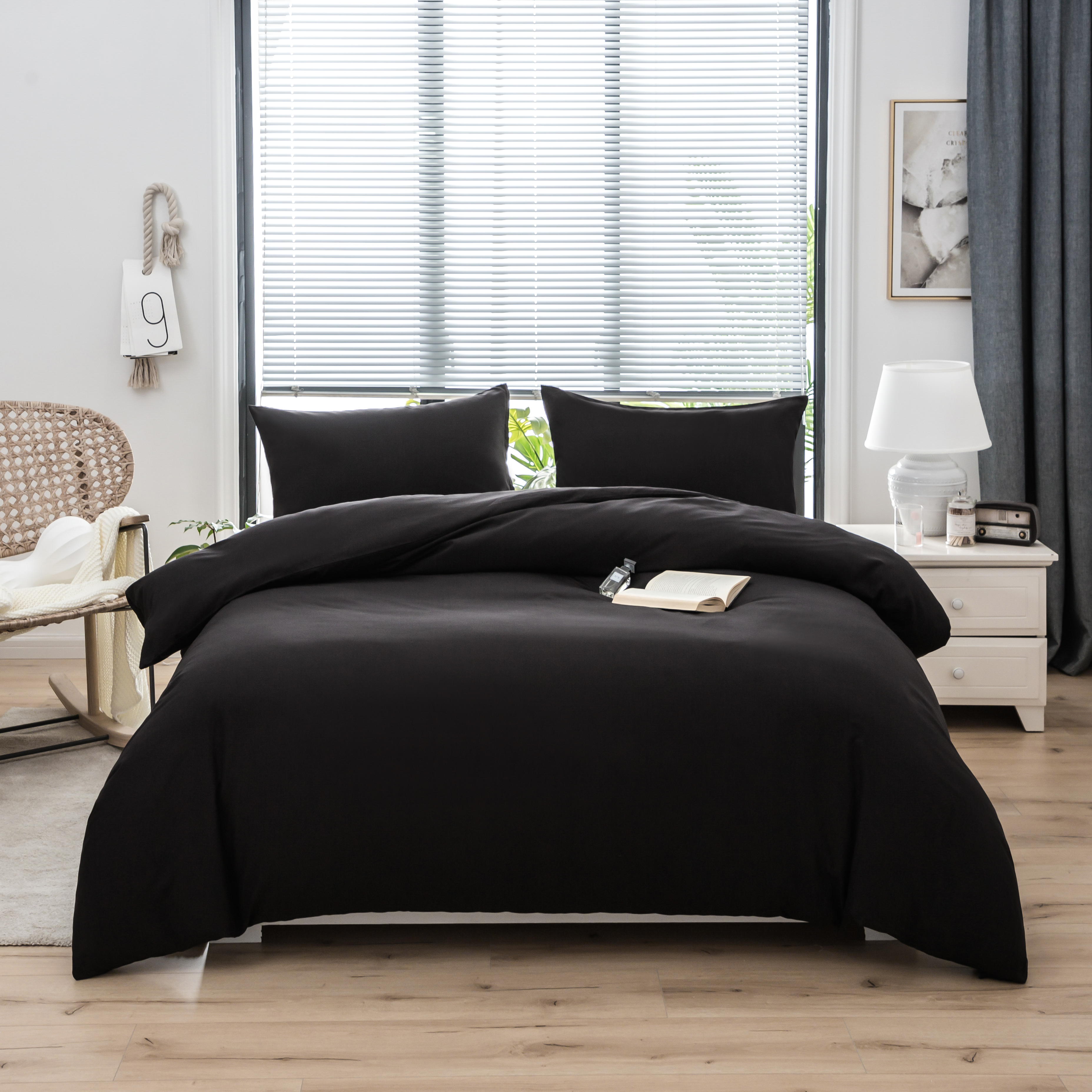 AYSW 4 Pièces Sets de Housse de Couette 200x200/220x240/240x260cm Double Fermeture Éclair Noir Drap Housse 140x200/160x200/180x200cm + 2 Taies d'oreiller 65x65cm Parure de Lit Adulte 2 Personnes en Microfibre Brossé 2