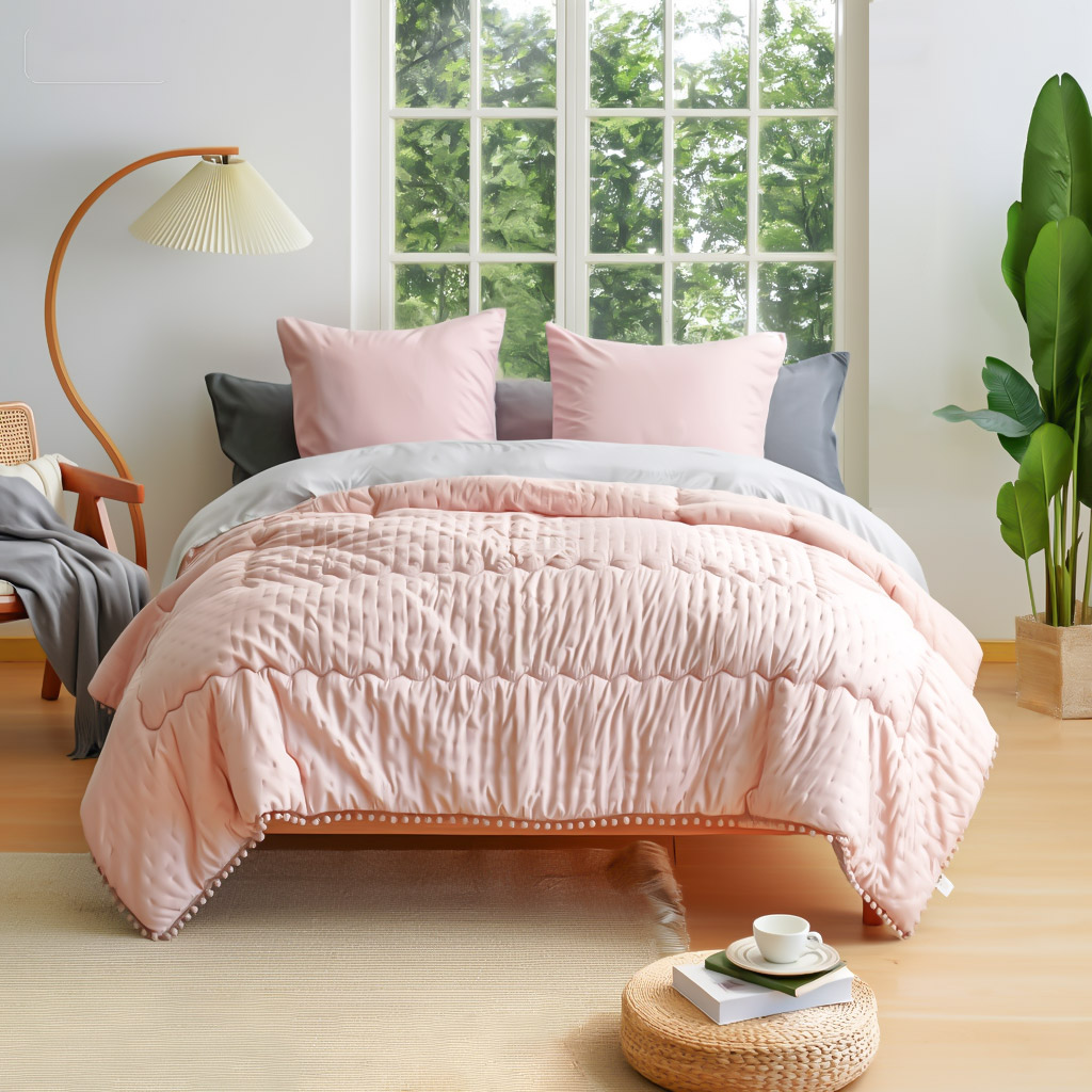 Couette Réversible Hiver 200x200 / 220x240 / 240x260 cm Couette 4 Saisons Hypoallergénique Couette Matelassée Été Dessus De Lit Boutis Couvre-Lit Couverture Édredon Couette Chaude Épais Imprimée Pompon Gris+Rose 2