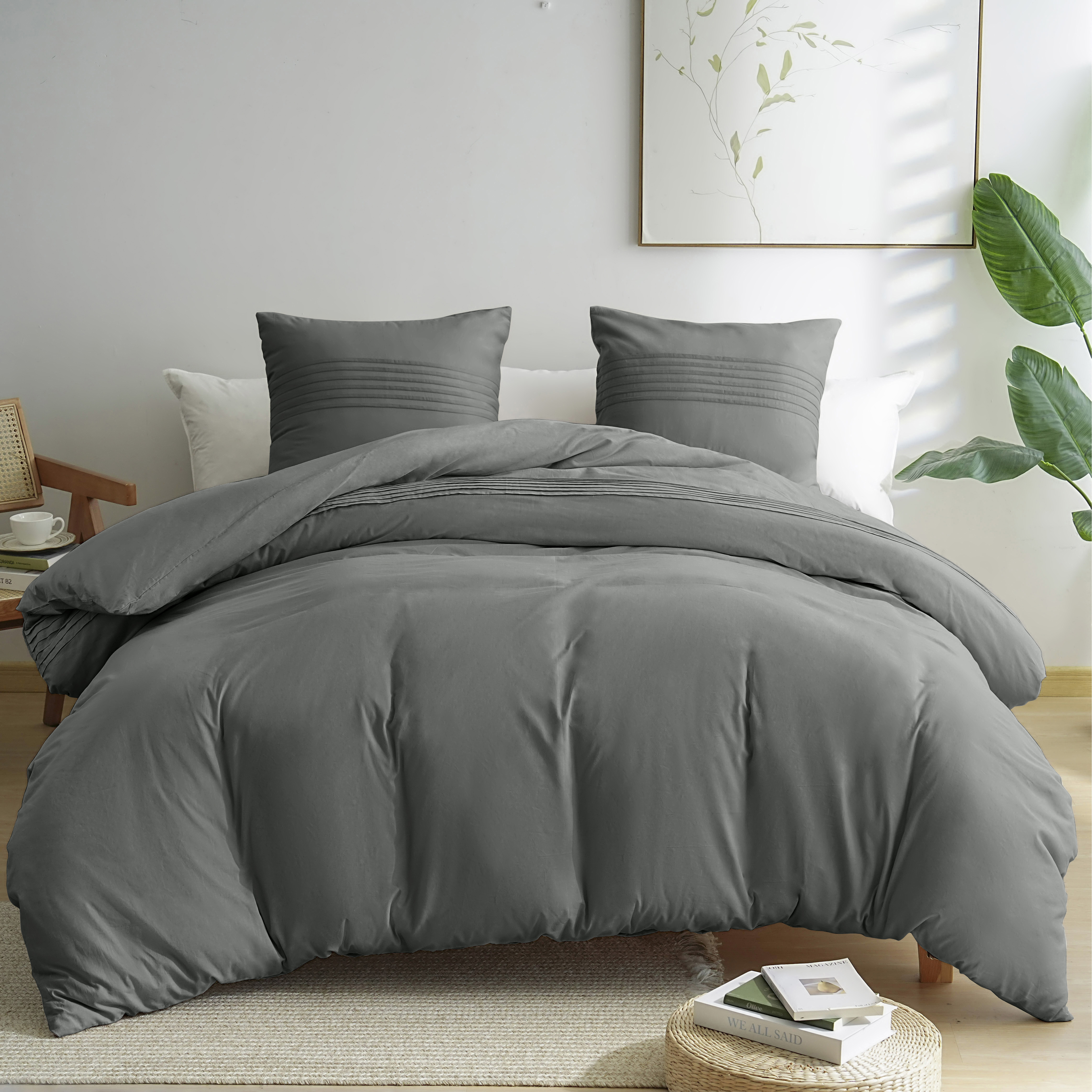 AYSW 100% Coton Sets de Housse de Couette 200x200/220x240/240x260 cm Parure de Lit Haut Gamme Plissé Adulte 2 Personnes avec 2 Taies d'oreiller 65x65cm Fermeture Éclair 2