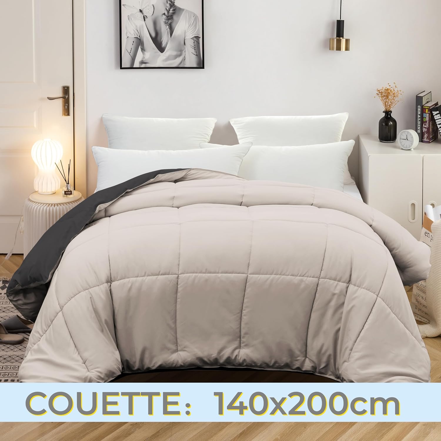 AYSW Bettdecke Zweifarbig Warm im Winter 450g/m² Dick 140x200cm Hypoallergen Zweifarbig Beige + Grau Bettdecke Reversibel 1 Person Bettdecke 3